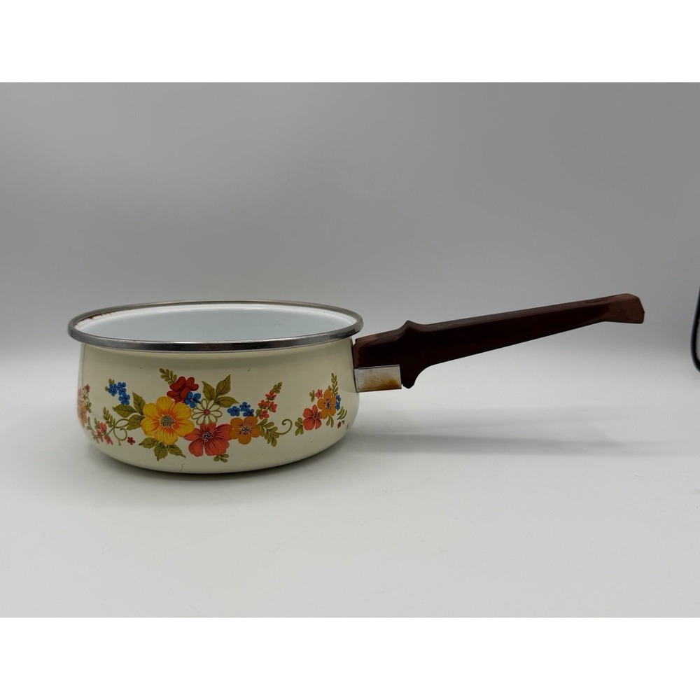 Vintage SPM Sweet Flowers Enamel Saucepan Floral Pan‎ Wood Handle Spain
